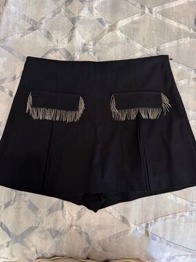 Zara Large Black Mini Skirt with Beaded Fringe Pocket Details